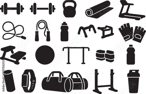 Collection of black fitness equipment icons representing a healthy lifestyle and gym workout including dumbbells kettlebells yoga mat treadmill and more