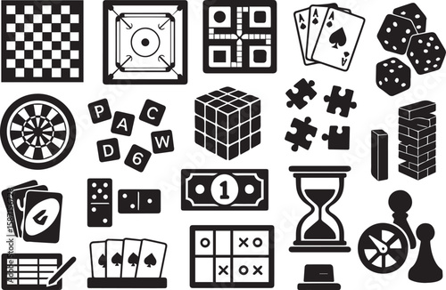 Collection of popular board games and card games icons representing entertainment and leisure activities for fun and recreation