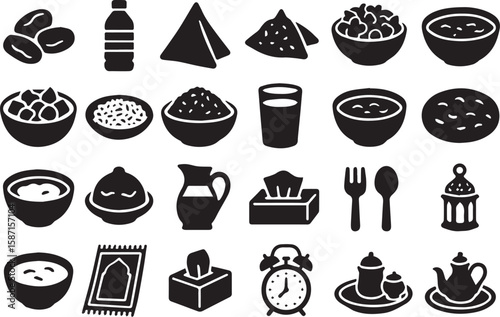 Collection of islamic iftar meal icons representing food drinks prayer items and decorations for ramadan and eid celebrations