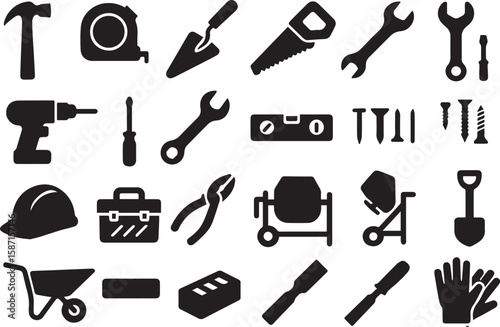 Collection of construction and diy tools in silhouette including a drill hammer saw wrenches safety helmet and bricks for building and renovation projects