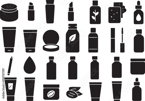 Collection of various cosmetic and skincare product icons including bottles tubes jars lipstick and applicators for beauty and wellness branding