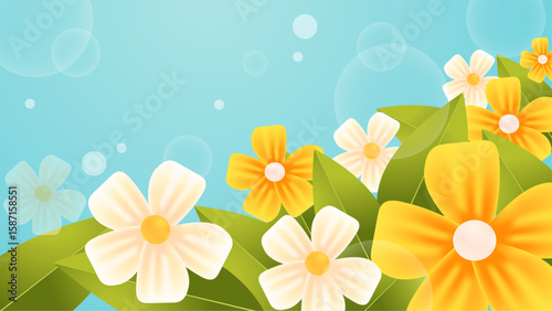 Yellow and white flowers with green leaves pop against a vibrant blue backdrop, ideal for spring themes, nature concepts, or floral designs.