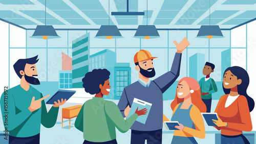 Excited gestures and lively chatter fill the room as a group of engineers use BIM session to plan a modern energyefficient shopping mall with multiple. Vector illustration
