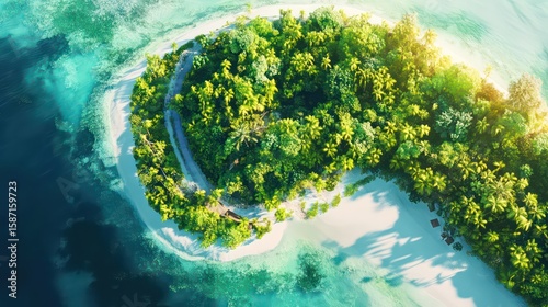 Soft gradient digital art of tropical island with lush greenery, beaches, and geotextile tubes.