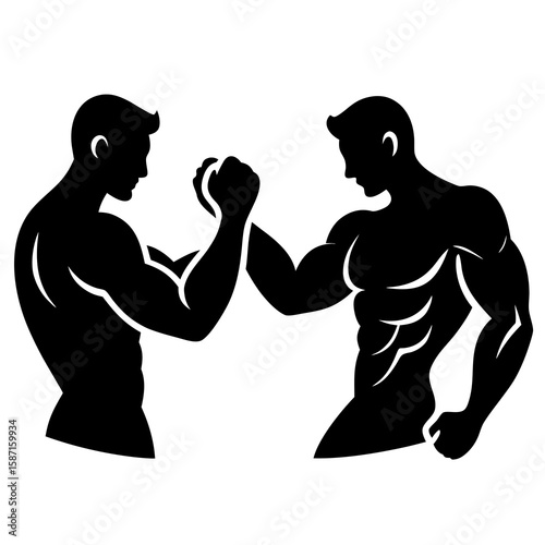 Silhouette of Two Muscular Men Arm Wrestling in Black and White Minimalist Vector Design