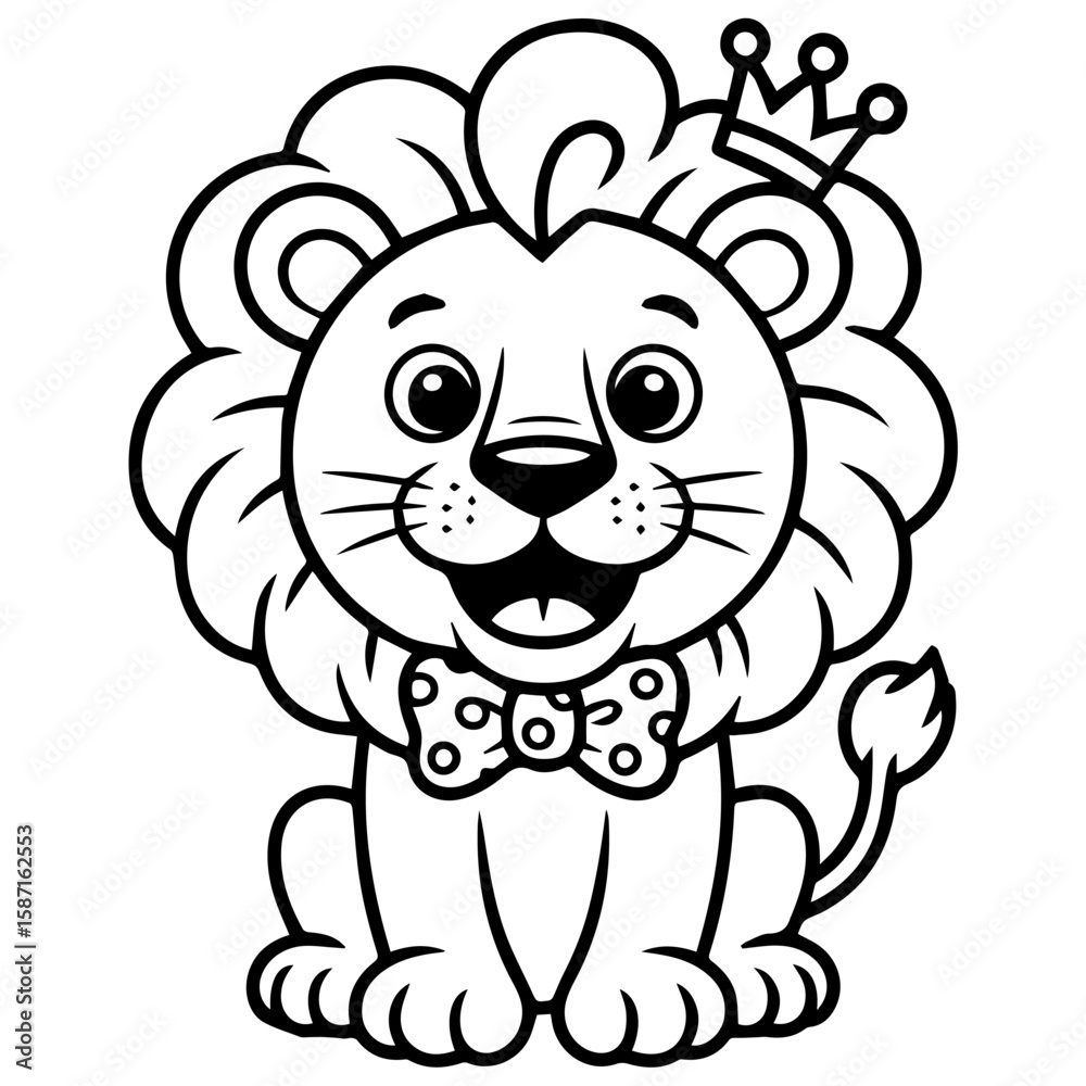 Fototapeta premium A smiling cartoon lion cub wearing a crown and a polka-dot bow tie.