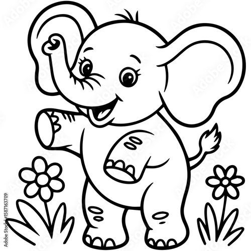 A cute cartoon elephant stands in grass, smiling with large ears and a curled trunk.