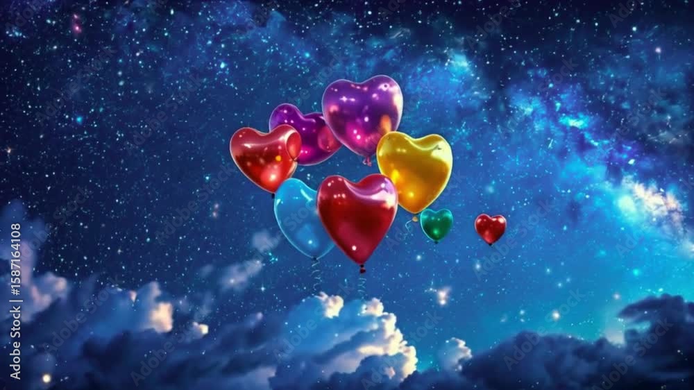 Colorful heart-shaped balloons floating among stars in the night sky..