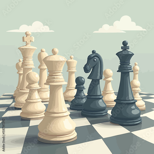 A stylized illustration of a chess game in progress, featuring black and white pieces.