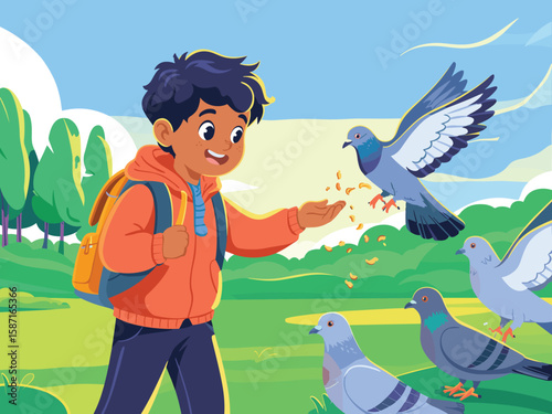 Happy Boy Feeding Pigeons in a Sunny Park:  Cheerful Cartoon Illustration for Children's Book