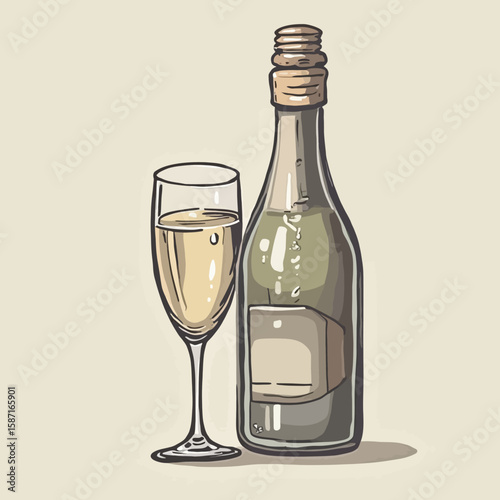 Hand-drawn illustration of a champagne bottle and flute glass, showcasing a celebratory drink.