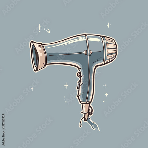 A stylized illustration of a vintage-looking hair dryer against a muted background.