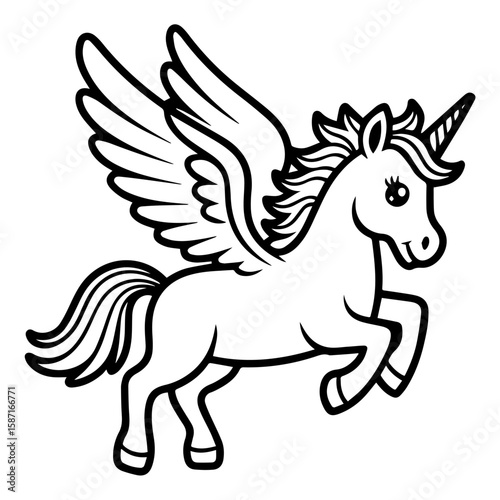 Cute winged unicorn, outlined in black, ready for coloring.