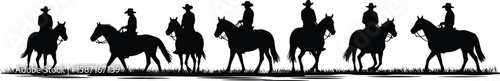 Cad drawing flat vector illustration, silhouette cowboy riding horse, western rural scene, equestrian motion, ranch life black graphic