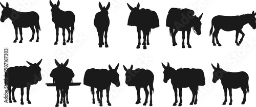 Donkey silhouette vector set, pack animal icons, side front view mules, working donkey shapes for farm, rural, transport design illustrations