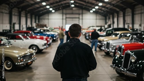 Rear view of a man admiring a collection of classic vintage cars in a large warehouse showroom. Male enthusiast at an auto auction or exhibition.