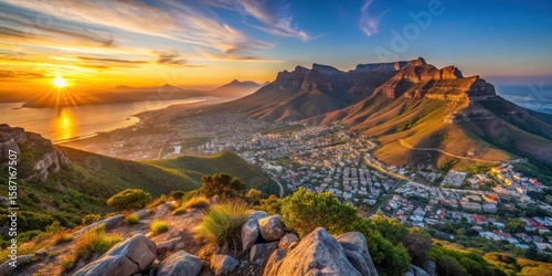 Sunset over Table Mountain from Lion's Head with Cape Town skyline and Twelve Apostles mountains in the background