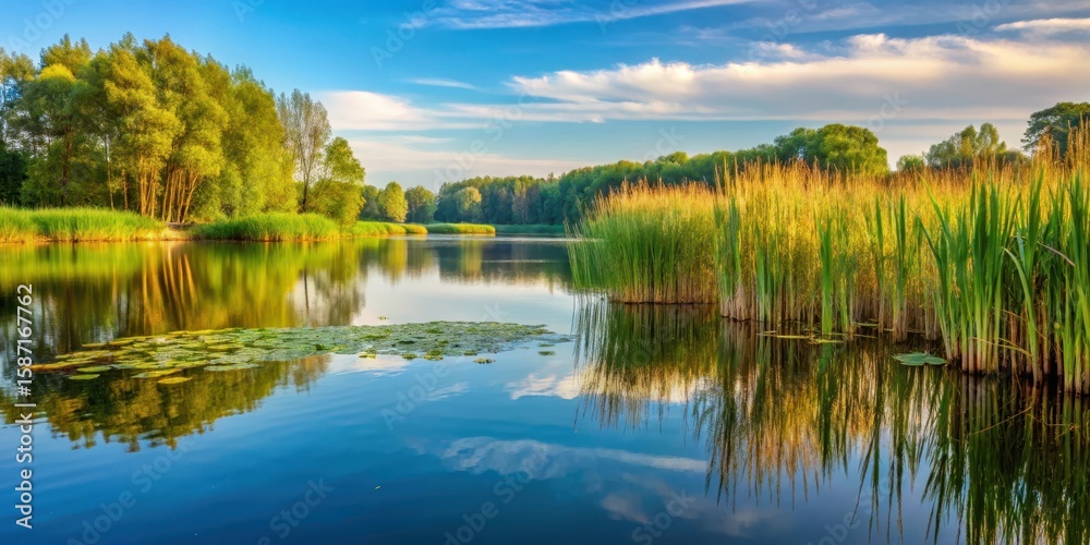 A reed forest with tall reeds and water lilies on a serene lake A reed forest with tall reeds and water lilies on a serene lake