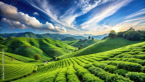 Rolling hills of lush green tea plants stretched out as far as the eye could see under a brilliant blue sky with just a few wispy clouds scattered about