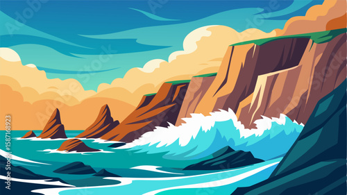 The sound of crashing waves can be heard echoing against the rugged cliffs creating a peaceful symphony.