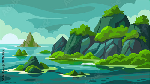 The rocky outcrops are covered in lush green seaweed thriving in the nutrientrich waters of the shoreline.