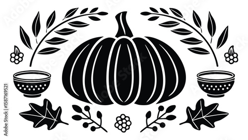 Black pumpkin leaves berries bowls autumn fall