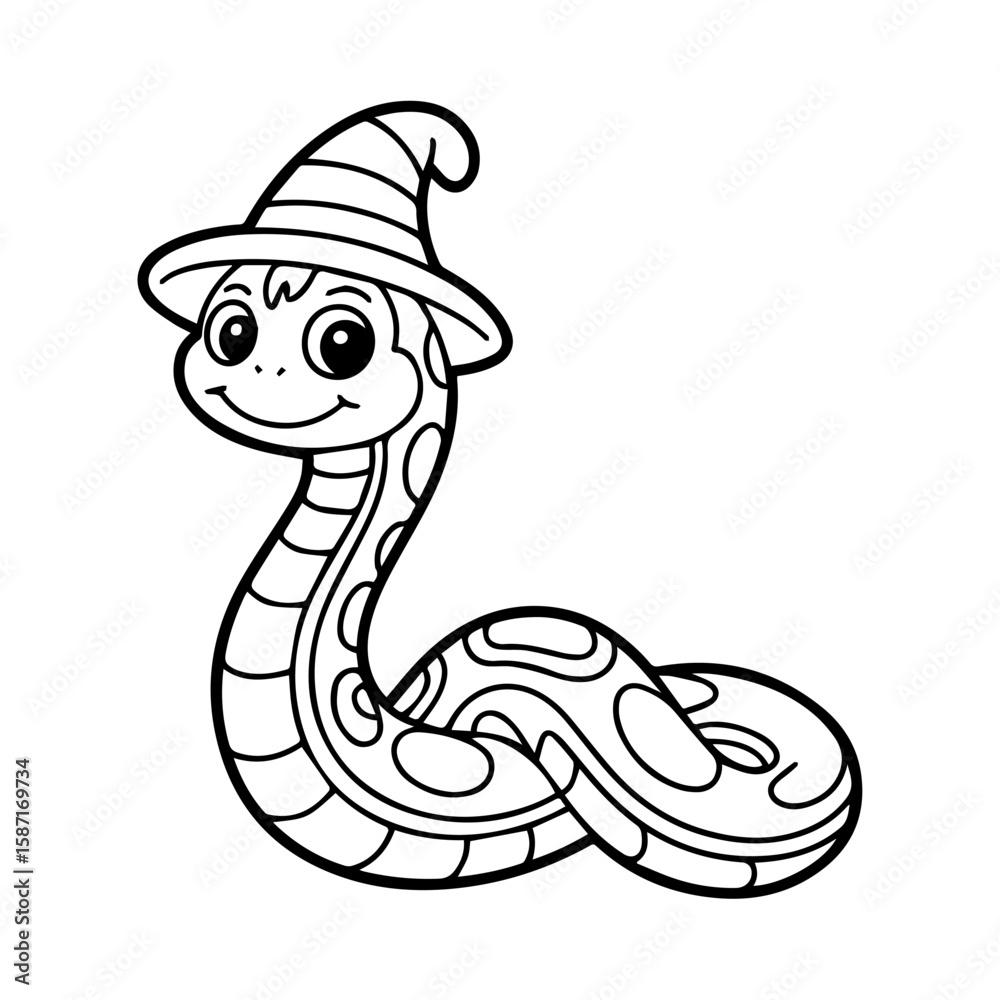 Fototapeta premium A cartoon snake wearing a wizard hat, smiling and coiling on a white background.