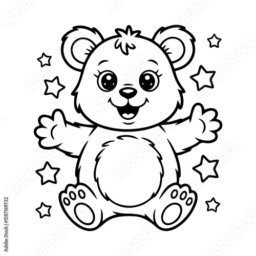Cute cartoon bear with open arms surrounded by stars, in a black and white outline illustration.