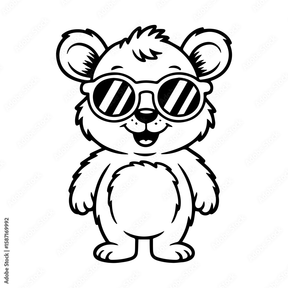 Obraz premium A cheerful cartoon bear cub, wearing stylish sunglasses, stands happily.