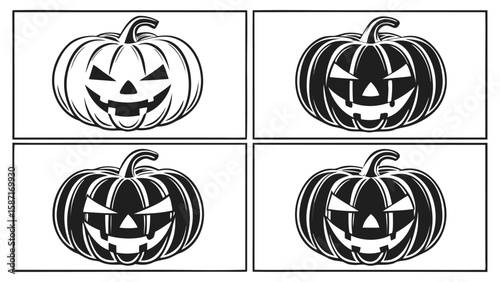 Four carved pumpkins black and white jack o lantern