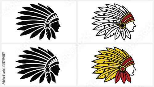 Native American headdress profile illustrations black and white