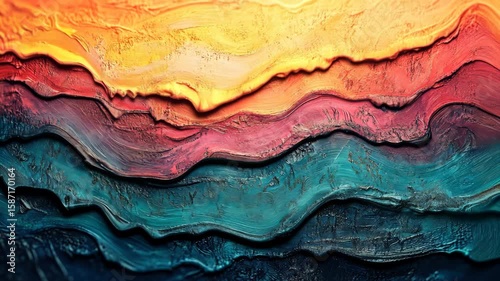 Abstract layers of vibrant colors resembling a sunset over ocean waves, evoking calm and creativity