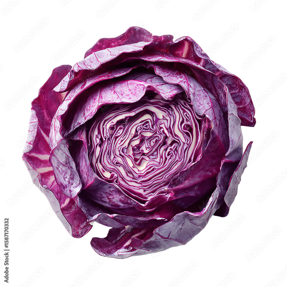 Obraz premium A close up view of a vibrant red cabbage with intricate layers against a transparent background