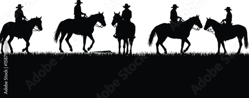 Silhouette cowboy riding horse, black cad drawing, rural western scene, flat vector illustration, equestrian motion, grass landscape, country lifestyle art