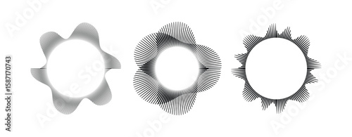 Circular sound waves, depicting audio music, round symbols of voice, icons and logos for equalizers, radial spectrum designs, ring patterns. Flat vector illustrations isolated on white background.
