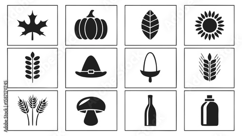 Thanksgiving harvest icons maple leaf pumpkin wheat