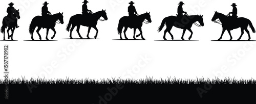 Silhouette cowboy riding horse, western ranch rider illustration, horseman clipart, man on horseback vector, grass field graphic shadow