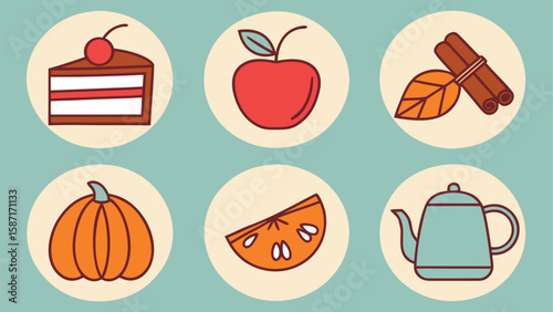 Autumn harvest food and drink icons cake cherry