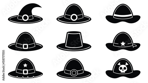 Assorted black hats with white accents illustration