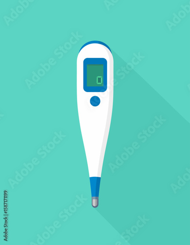 Digital thermometer with a blue display, showing a reading of zero, on a teal background.
