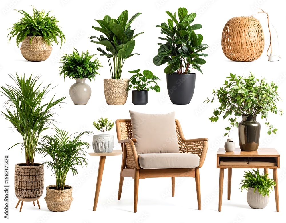 Fototapeta premium A collection of potted plants and a cozy chair