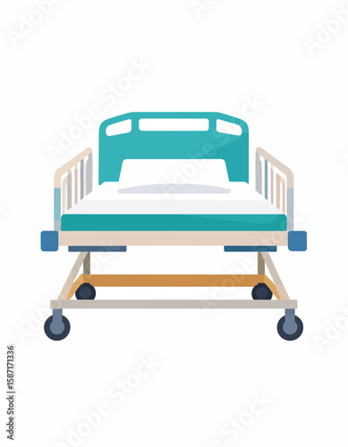 Teal hospital bed with white linens, ready for a patient, on wheels.