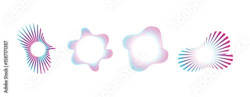 Circular sound waves, depicting audio music, round symbols of voice, icons and logos for equalizers, radial spectrum designs, ring patterns. Flat vector illustrations isolated on white background.
