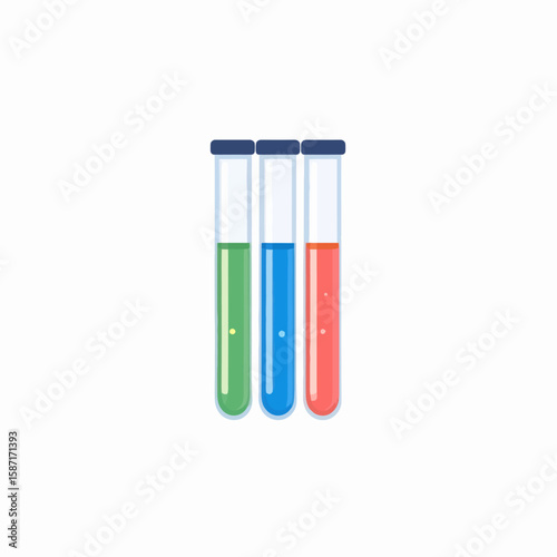 Three test tubes filled with colorful liquids, standing upright against a white background.