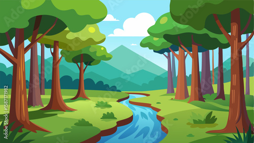 The tall stoic trees provide shade for the gentle stream that winds its way through the vibrant greenery of the forest.