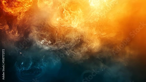 Abstract swirling colors of orange and blue, resembling flames and smoke in a vibrant background