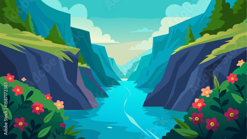 The river widens into a peaceful lagoon surrounded by towering cliffs covered in cascading vines and vibrant flowers.
