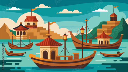 The tranquil harbor is dotted with traditional wooden fishing boats each bearing its own unique design and character.