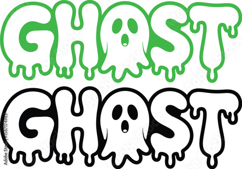 Spooky Halloween typography featuring the word "Ghost" with a cartoon phantom and green and black dripping slime letters.
