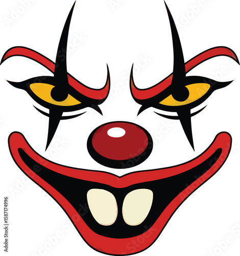 Illustration of a creepy clown face with red nose and evil yellow eyes on a white background